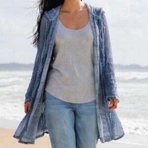 Womens Blue Crinkle Open Front Hooded Caftan Crochet Trim Size M Boho Coastal